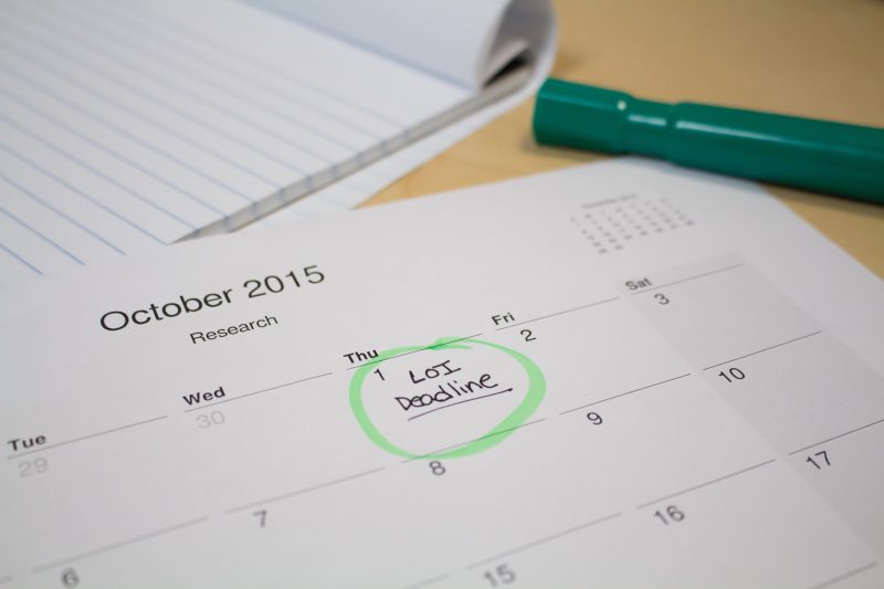 Calendar with "LOI Deadline" circled
